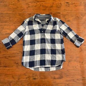 Tommy Hilfiger Blue and White Plaid Half Button Up Popover Flannel Shirt